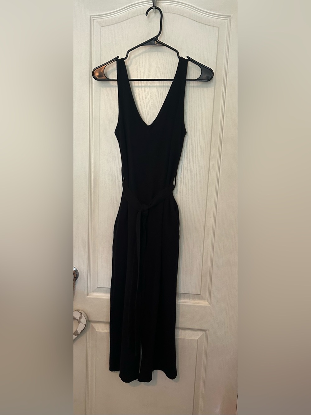 Smash + Tess Classic Black V-Neck Cropped Sleeveless Jumpsuit with Waist Tie